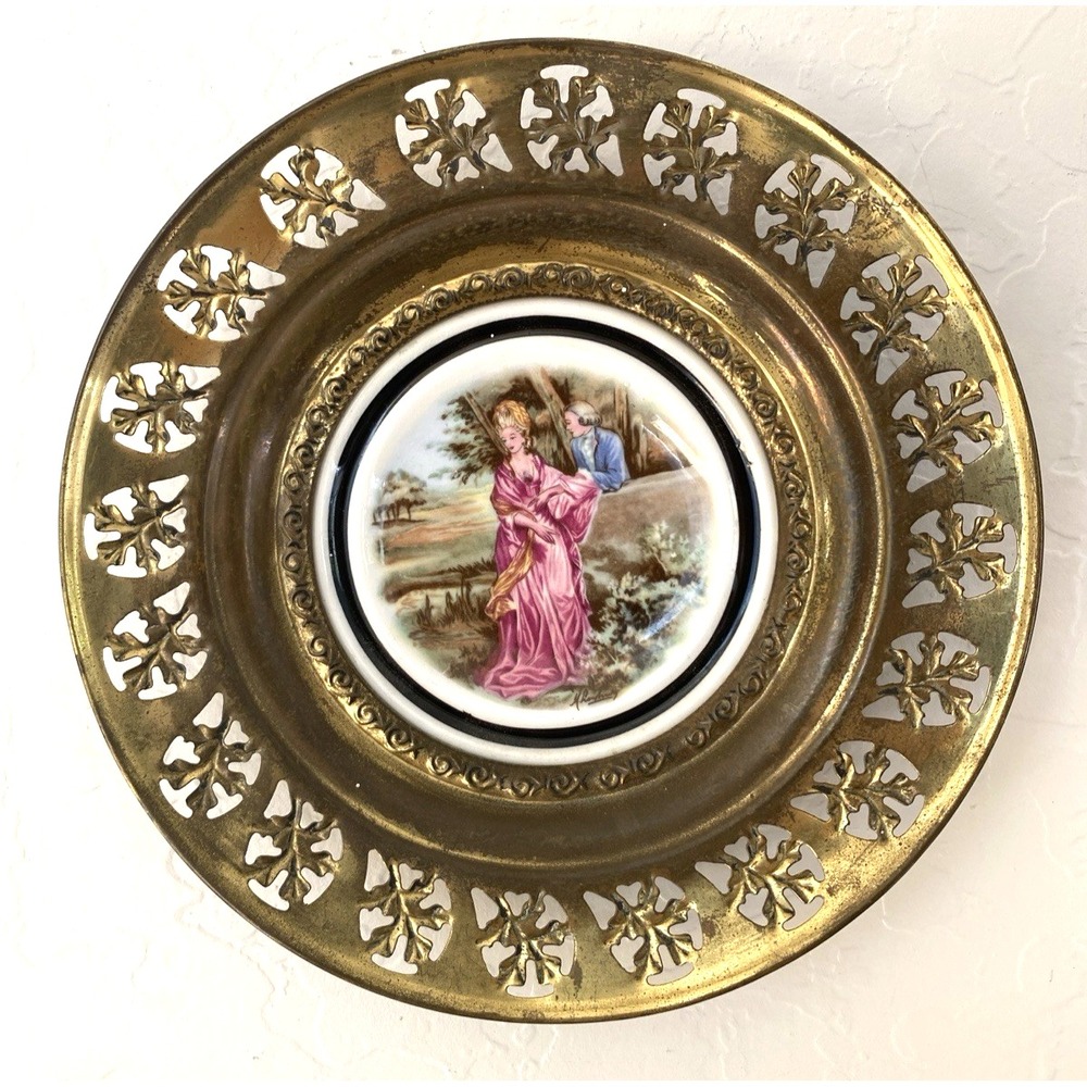 Vintage Brass Framed Regency Bone China Plate of Renaissance Couple
